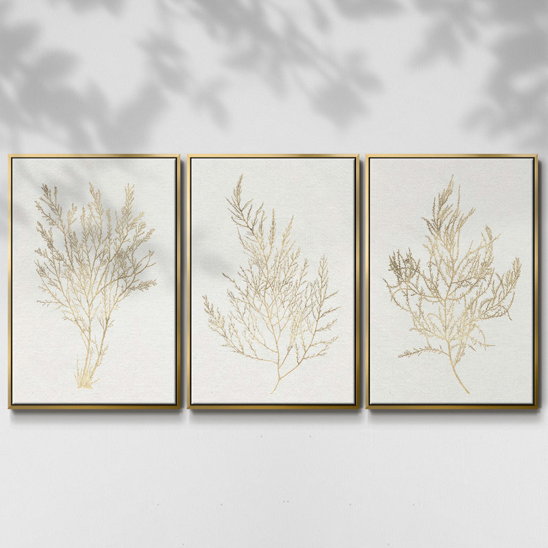 " Coral Blockprint I " 3 - Pieces, 27" H x 54" W, Gold