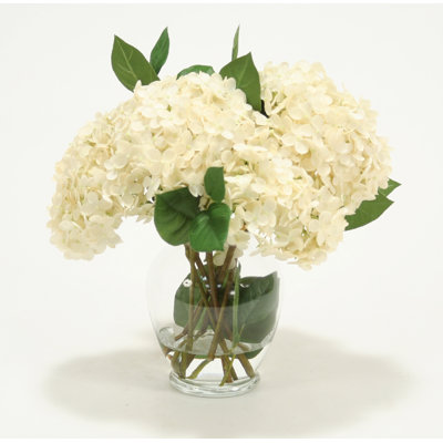 Vase hortensias, feuilles en verre