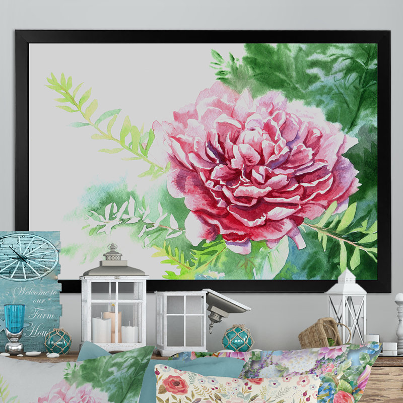Aquarelle, pivoine rose II, reproduction sur cadre flottant, Cadre noir, H 8 po x l 12 po x P 1 po