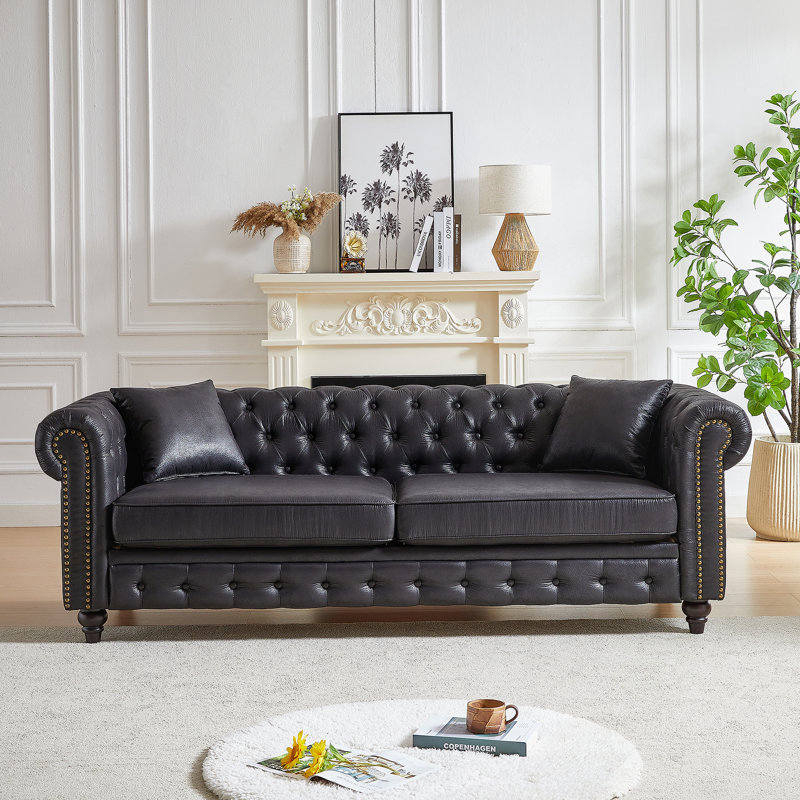 Canapé Chesterfield en similicuir, H 28,3 po x l 85,5 po x P 32,3 po, Noir