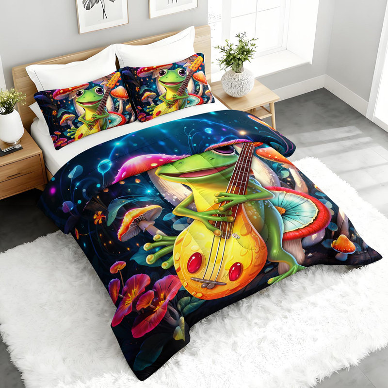 Joli ensemble d'édredon guitare jouant de la grenouille, ensemble de literie champignon psychédélique avec 2 taies d'oreiller, literie douce et lavable à la machine, édredon toutes saisons pour la décoration de chambre