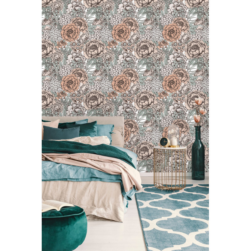 Red Barrel Studio Vintage Peonies And Leaves Peel And Stick Wallpaper ...