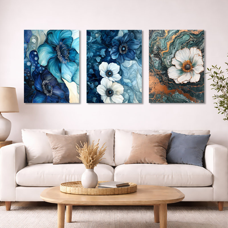 Emeraude sérénade de fleurs d'anémone - coquelicots bleus, 3 pièces, Wrapped Canvas, 32" H x 72" W