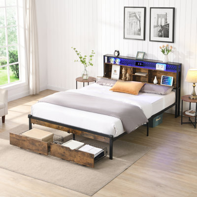 Lit plateforme très grand en métal, tête de lit en bois avec fonction de charge, 2 tiroirs, lumières à DEL, sans sommier, tête de lit facile à assembler, charge, processus d'installation, hauteur du produit de 38,95 po