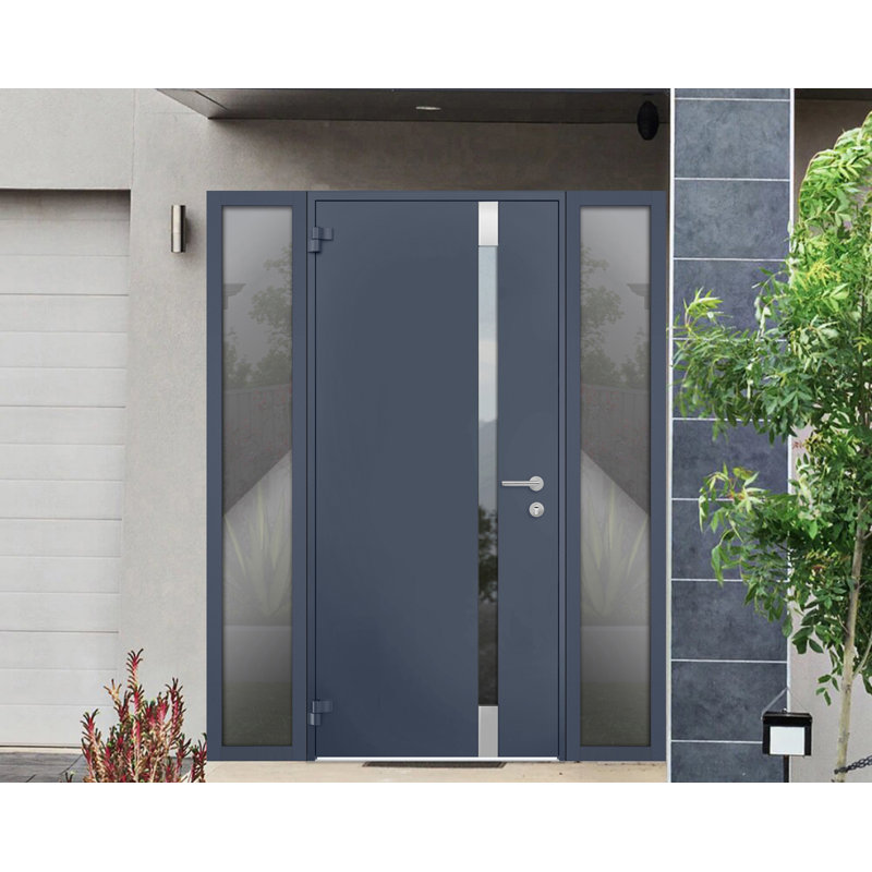 Porte d'entrée extérieure prémontée en acier Cynex 6777 grise, 2 fenêtres latérales extérieures, inserts en acier inoxydable, style moderne, peint - L 12 + 32 + 12 x H 80 - Ouverture à droite vers l'intérieur
