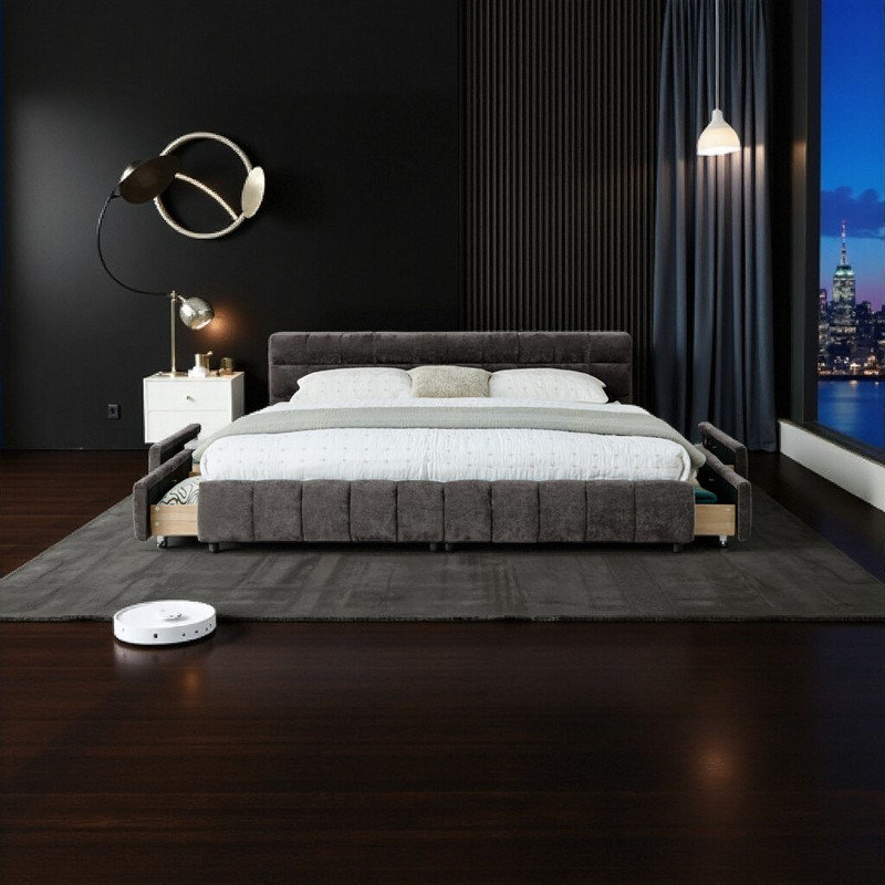 Lit plateforme tapissier très grand 90,5 po - très grand lit en chenille moderne, Gris