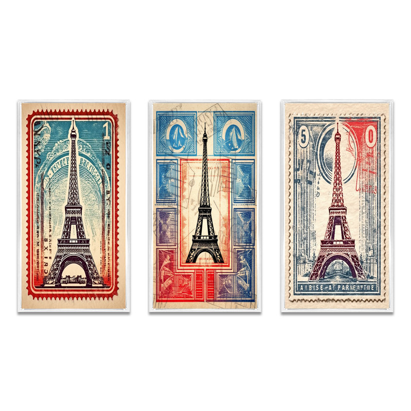 «Retro Stamp Illustration Paris Eiffel Tower», 3 pièces sur toile, Cadre flottant blanc, H 32 po x l 48 po