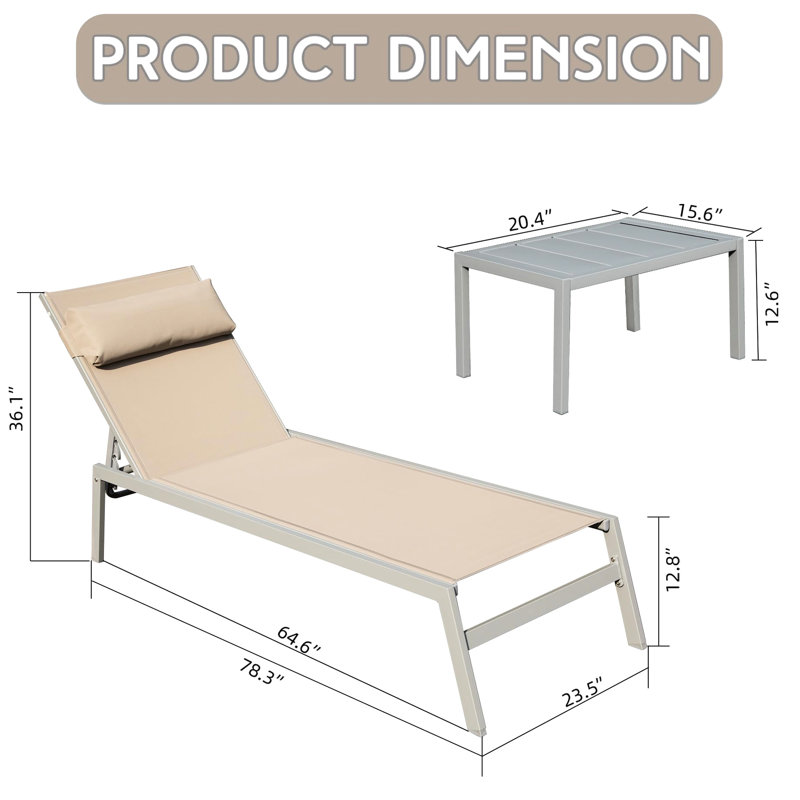 3 chaises de patio en aluminium avec table d'appoint en kaki. Détente imbattable. 5 positions réglables et personnalisables. Temps de construction. Espace empilable. Parfait pour la piscine,
