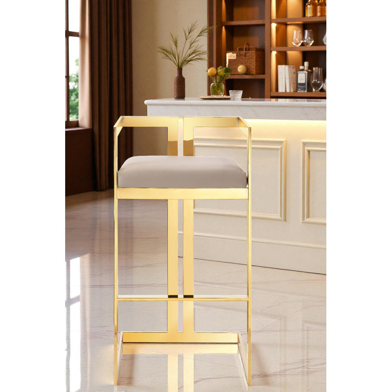 Kenzie Counter Stool with Footrest - Faux Leather Counter Stool – Modern Upholstered Counter Height Seating with Steel Metal Legs -Vegan/Faux Leather - Beige and Gold Counter Stool