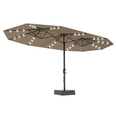 15 ft Extra Large Double-Sided Patio Umbrella with Solar LED Lights, UV Fade-Resistant Canopy, Heavy Duty Frame with Base for Backyard Pool Deck Garden