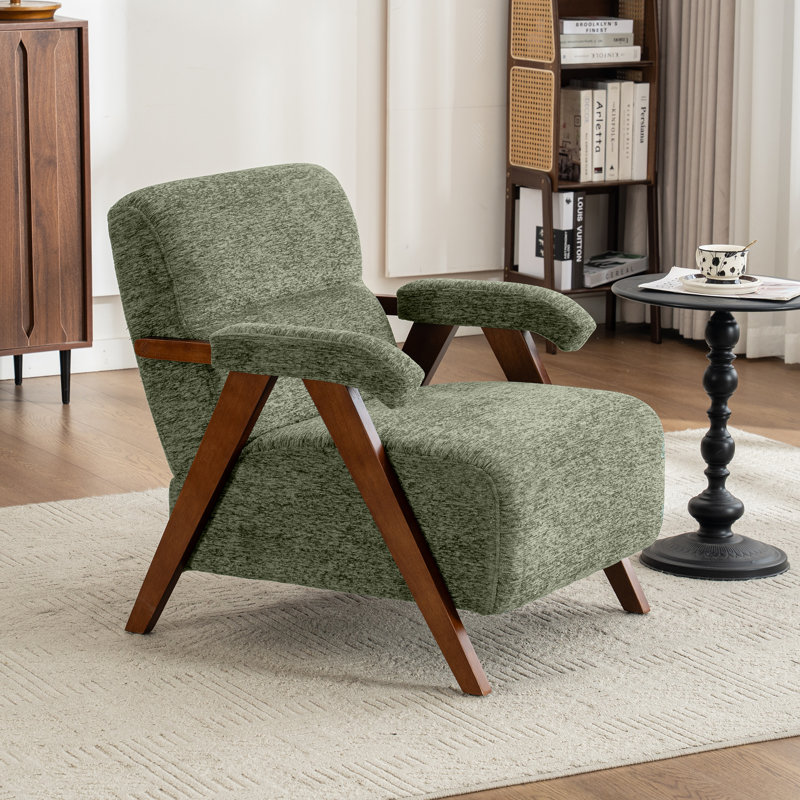 Fauteuil d'appoint rembourré de style Mid-Century avec accoudoirs et pieds en bois massif, Vert sauge