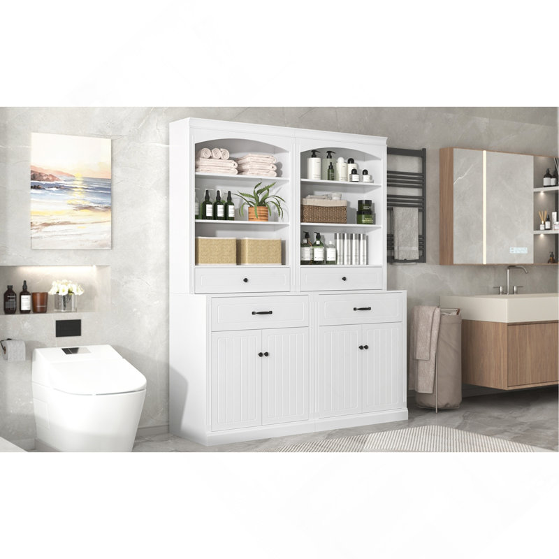 Armoire de rangement blanche avec quatre portes, tiroirs, tablette réglable et six tablettes ouvertes blanches