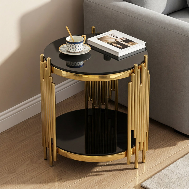 Table de bout ronde de luxe à 2 niveaux avec plateau en verre trempé noir et structure en acier inoxydable doré - Table d'appoint moderne pour le salon, la chambre à coucher, le bureau ou le café