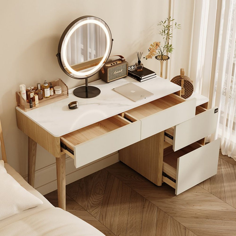 Coiffeuse avec miroir lumineux, 4 tiroirs, prise de courant