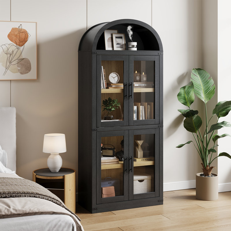 72" Tall Arched Cabinet, Modern Farmhouse Wooden Display Cabinet with Drawer and Glass/Wood Doors, 5 Tier Bookshelf with Shelves for Living Room, Office