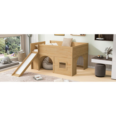 Full Size Wooden Low Loft Bed with Storage Shelves and Slide,Door and Window Design,Natural