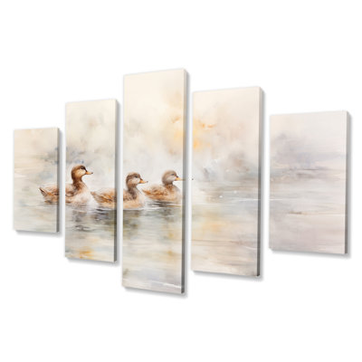Brown Ducks Swimming Misty Morning Lake I - Animal Duck Wall Art Living Room - 5 Panels