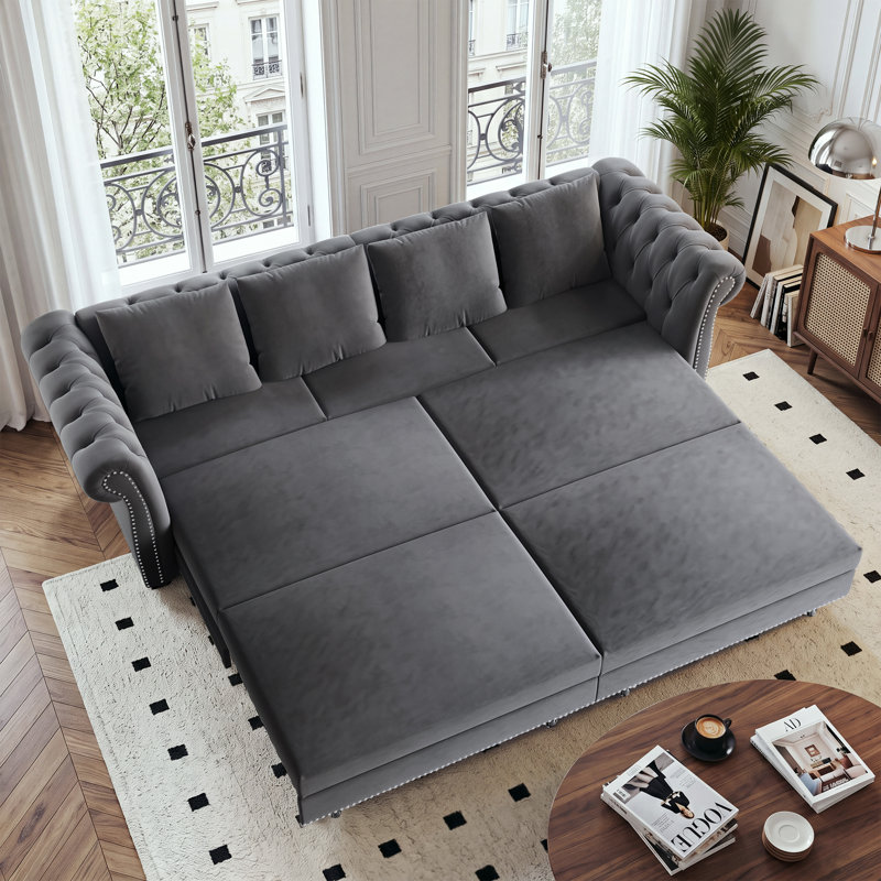 Canapé-lit Chesterfield de 90 po en velours avec très grand lit, canapé-lit convertible avec 4 coussins, gris, Gris