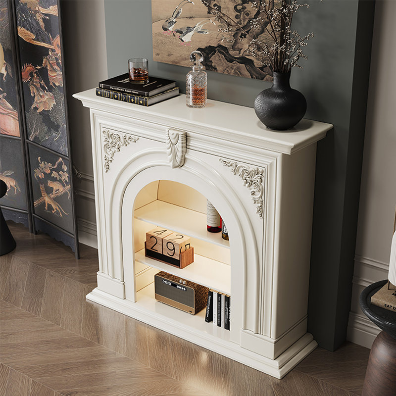 European arched cream-style solid wood fireplace decorative cabinet, 43.31" H x 51.18" W x 13.78" D