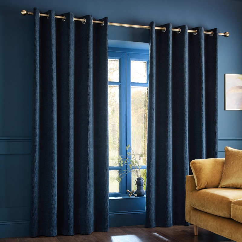 Crinkle Chenille Lined Eyelet Curtains, Blue, 46 x 72 Inch