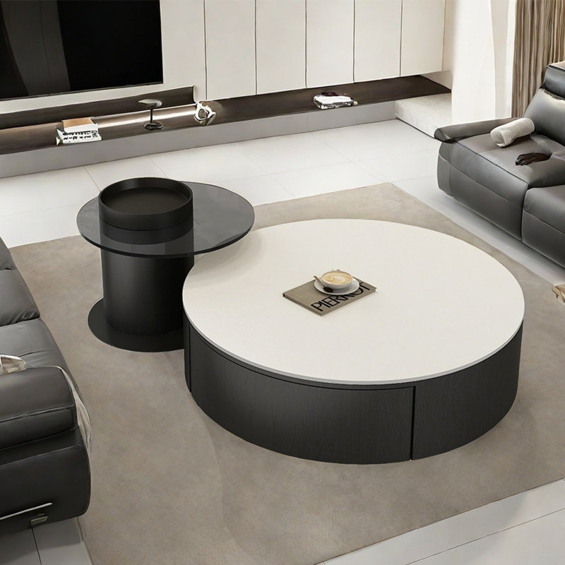 Modern simple round combination coffee table, White, 12.2" H x 35.4" L x 35.4" W, Black