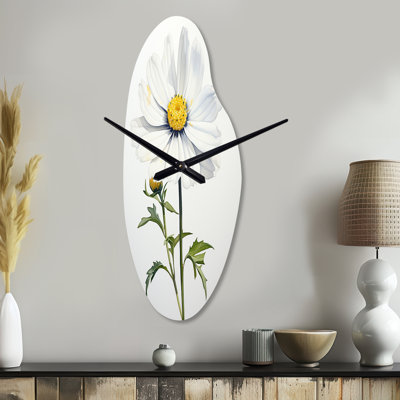 White Daisies Sublime Simplicity II - Flower Asymmetrical Metal Wall Clock, White Curved Wall Clock Print