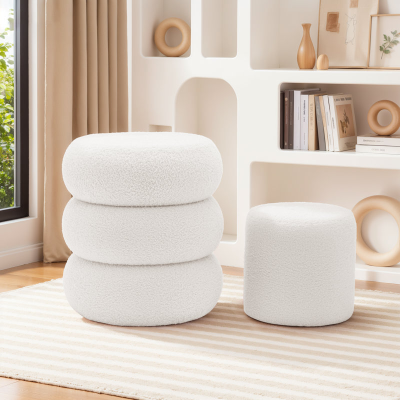 Round Ottoman with Storage, Teddy Velvet Upholstered Ottoman for Living Room and Bedroom(set of 2), Beige