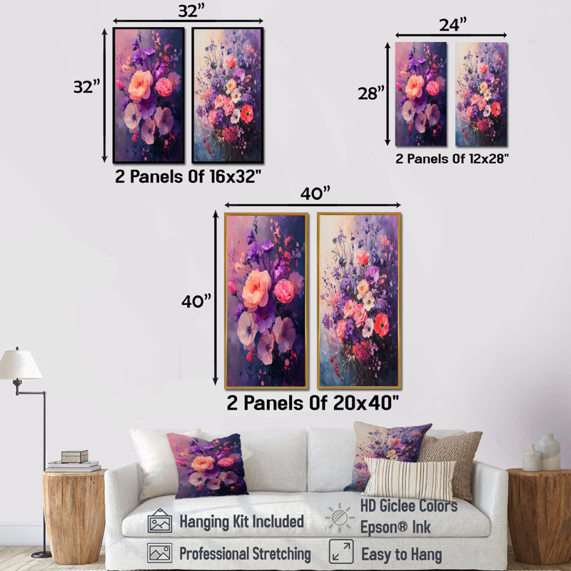 Dreamscape en bouquets assortis mauves et roses I - Décoration murale florale 2 panneaux, Toile tendue, H 32 po x l 33 po