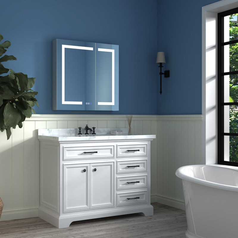 Tankersley Recessed or Surface Mount Frameless 3 Door Medicine Cabinet with 6 Adjustable Shelves and Lighting, Dual Swing