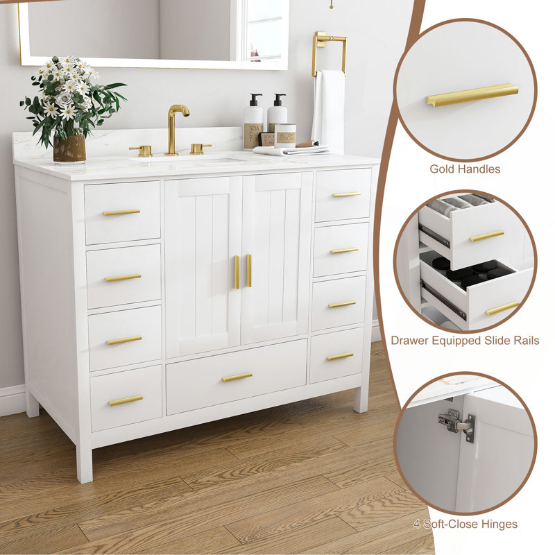 Meuble-lavabo moderne en bois massif de 42 po avec lavabo, comptoir en pierre frittée de Carrare de 43 po avec 3 trous pré-percés pour robinetterie, 2 portes doubles à fermeture douce et 9 tiroirs spacieux avec glissières.