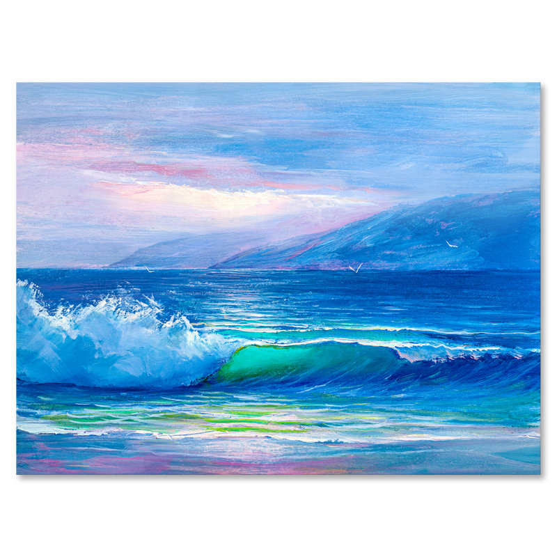 «Blue Waves Breaking At The Beach II», peinture sur toile, H 16 po x l 32 po x p 1 po, Toile tendue