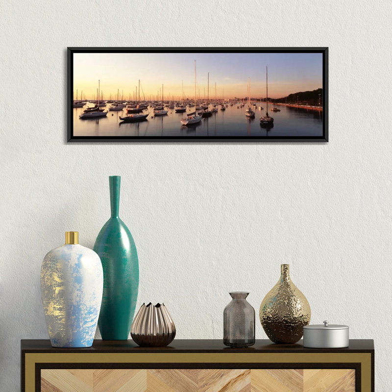 "panoramic sunset & harbor chicago il usa— reproduction de photo sur toile tendue, H 24 po x l 72 po x P 1,5 po, Cadre noir