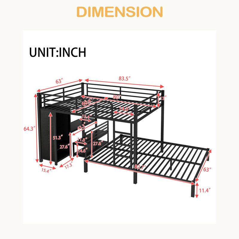 Queen Over Queen Size Bunk Bed Frame With Built-In Wardrobe, Metal Bunk Bed With Desk And Storage Chairs