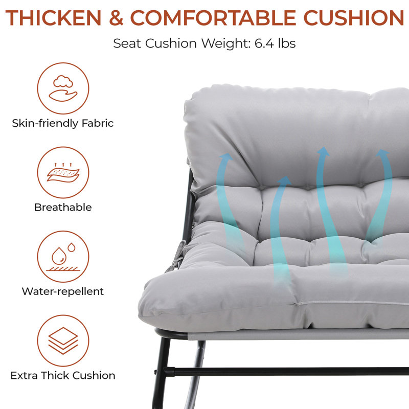 Outdoor Papasan Rocking Chair with Ottoman, Lounge Chair with Cushion & Sturdy Metal Frame, Patio Rocker Chair for Balcony Backyard Porch Bedroom, Gray