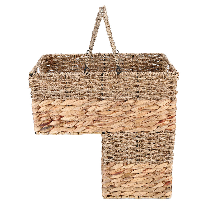 L-Shaped Stair Basket with Carry Handles, Handwoven Seagrass & Water Hyacinth Stair-Step Organizer with Reinforced Metal Frame, 16.1" H x 16.1" L x 10" W
