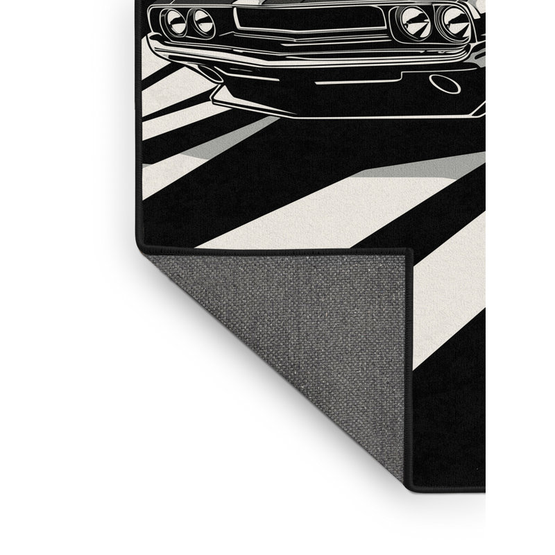 Soft Plush Eddleman Classic American Muscle Car Retro Geometric Area Rug in Gray – Black Binding, 7x9