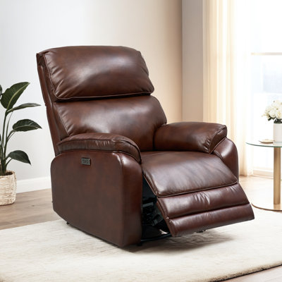 Genuine Leather Power Swivel Recliner Chair with Manual Headrest, Lumbar Support and USB Charge