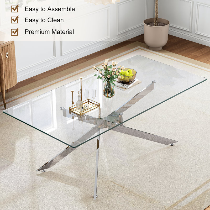 Modern Rectangle Dining Table Set For 8, 78.7" Tempered Glass Top And Stainless Steel Base With Oval PU Leather Dining Chairs