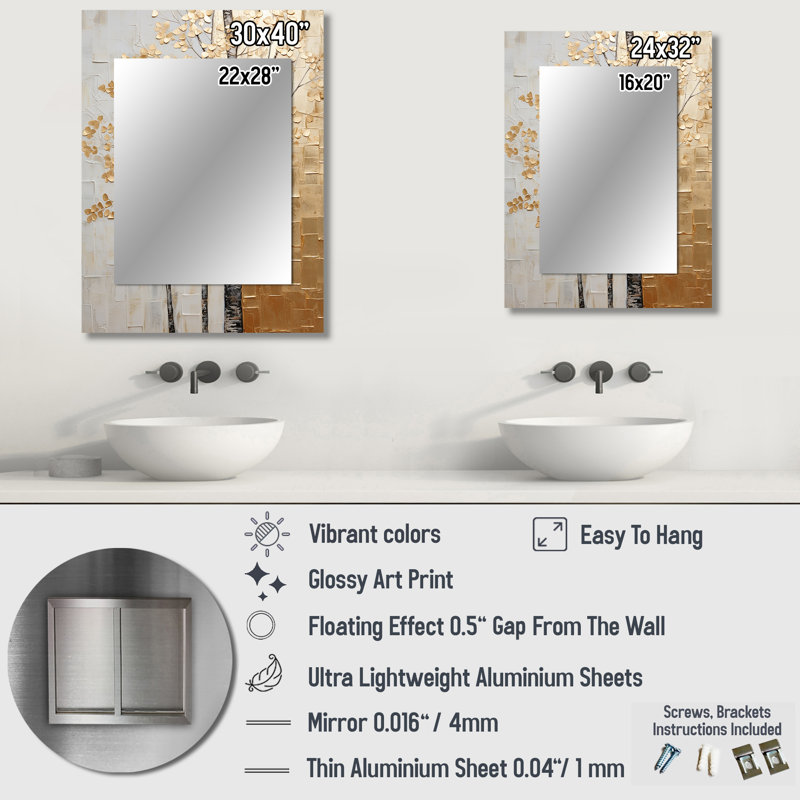 Minimalisme Golden Trees Harmony II - décor de miroir mural unique, grand miroir traditionnel, art imprimé en métal