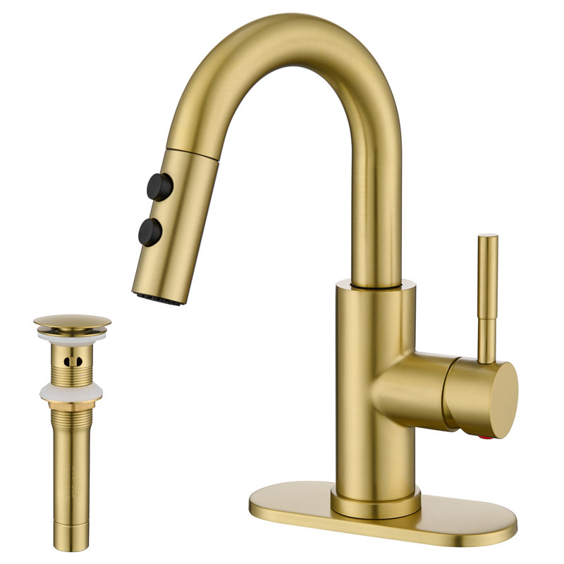 Single Handle High Arc Bathroom Sink Faucet with Pull Out Sprayer and Pop Up Drain, Brushed Gold