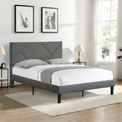 Lit stylé pour appartement, chambre d'amis, lit de chambre, structure de lit plateforme tapissier avec tête de lit, support en lattes de bois massif