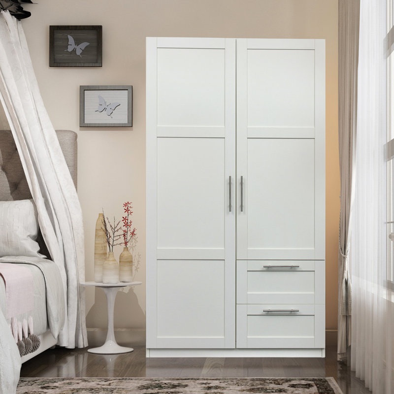 Garde-robe haute et armoire de cuisine avec 2 portes, 5 tiroirs de rangement, panneau de particules blanc de 15 mm, matériau de dossier de 3 m, surface lisse, nettoyage facile, entretien et dans les tiroirs, à l'arrière, à nettoyer