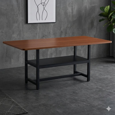 Table de salle à manger de 71 po x 35,4 po avec plateau composé de quatre panneaux de fibres à densité moyenne texturés noyer, avec une plateforme de rangement de 43,3 po x 19,7 po, idéale pour les réunions de famille