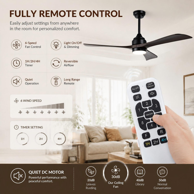 52" Modern Solid Wood Blade Ceiling Fan with Remote, Matte Black, Matte Black