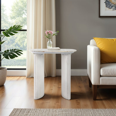 24"Catalina Travertine&Fluted Wood Accent Table/Kd
