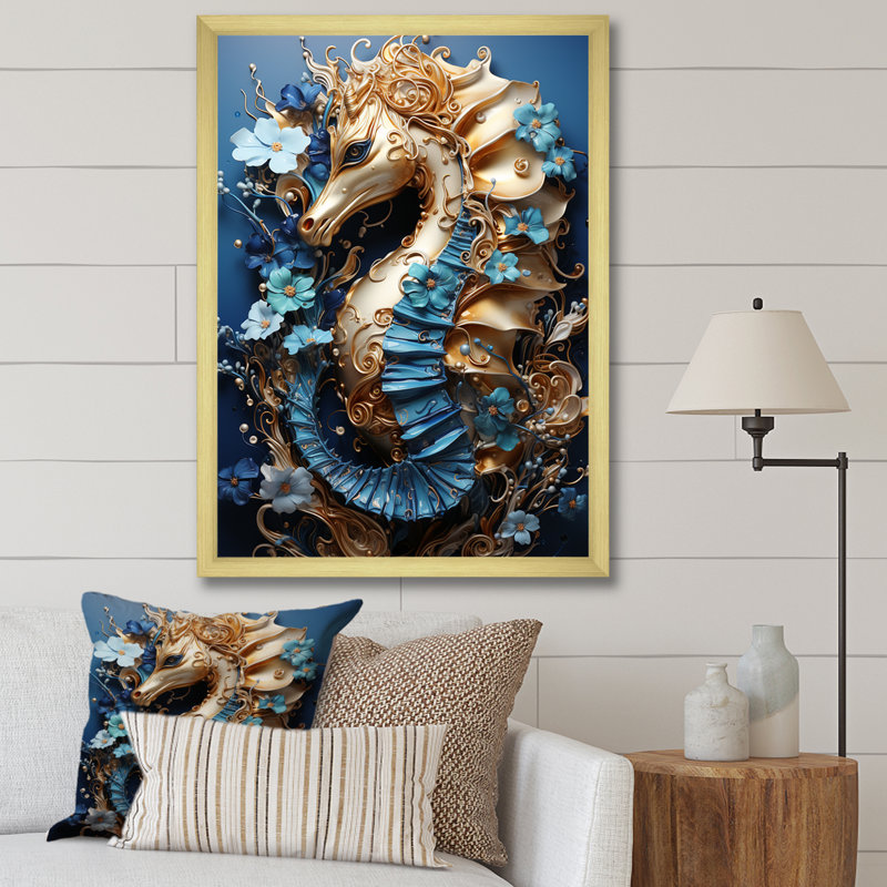«Sapphire Seahorse Delicate Drips I», reproduction sur toile, H 40 po x l 30 po x P 1,5 po, Encadrement doré