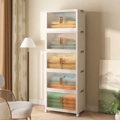 5 Pack Stackable Storage Bins Folding Organizer Boxes Collapsible Closet With Doors Wheels Lids