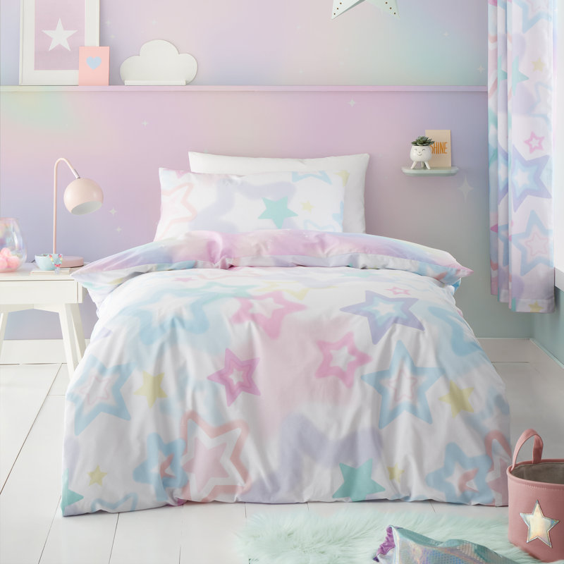 Ombre Stars Reversible Duvet Cover Set, Double Duvet Cover + 2 Standard Pillowcases, White
