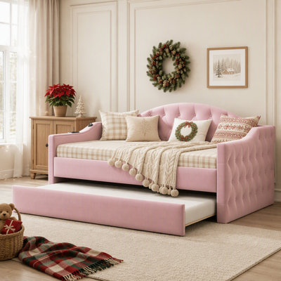 Tufted Upholstered Daybed with Trundle, USB and Type-C Charging Ports