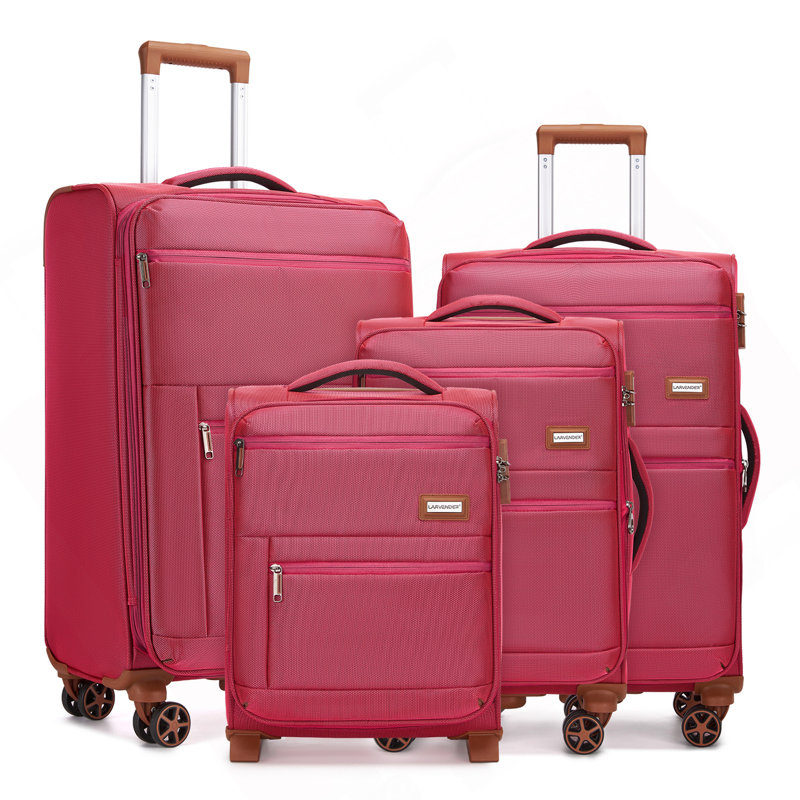 Ensembles de valises 4 pièces, valises souples avec roulettes, rouge rose